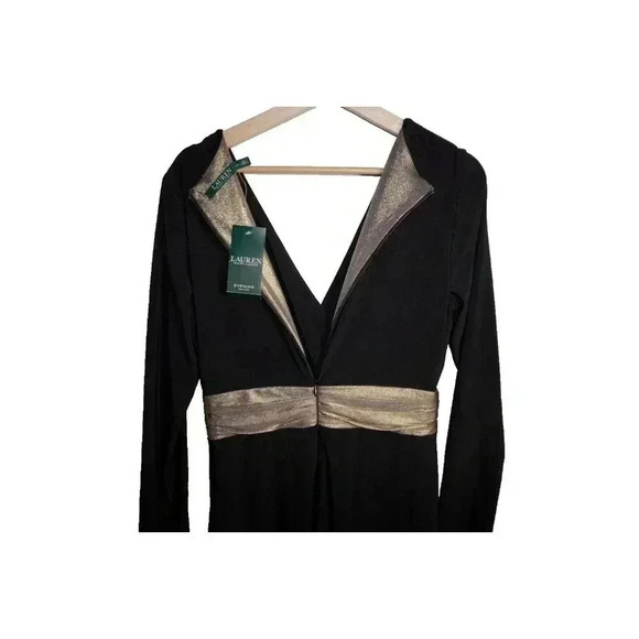 LAUREN RALPH LAUREN Gold/Black Jersey Wrap Gown Side slit Size 10P NWT MSRP $194 - Picture 9 of 13